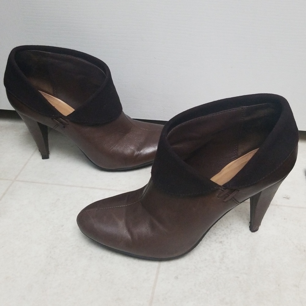 COACH brown leather asymmetric ankle booties annika heels